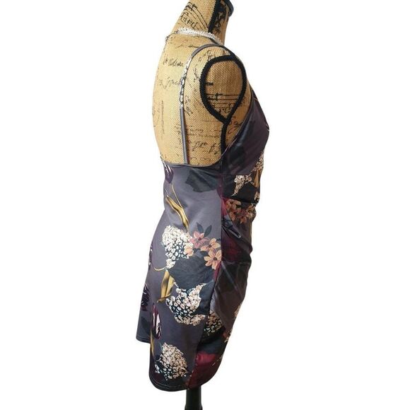 Floral Print Mini Slip Dress M Spaghetti Straps V-Neck Summer Resort Bodycon - Picture 4 of 5